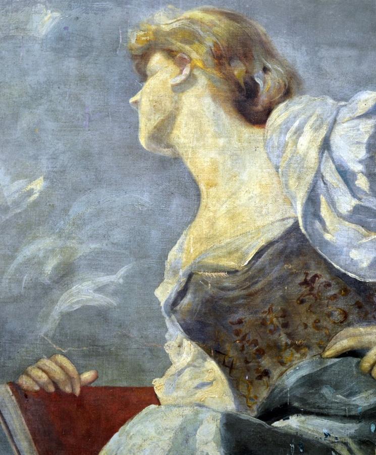 Figura femenina presente en el lienzo mural "Alegoría de la Farmacia"