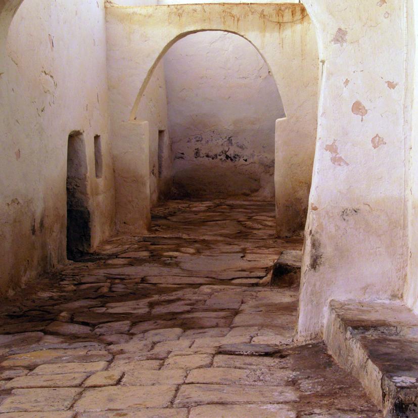 Fotografía de formato cuadrado. Muestra una calle estrecha con piezas cuadrangulares como pavimento y referencias a la arquitectura vernácula mediterránea como los vanos de pequeño tamaño, la cal en los muros toscamente enlucidos, o la presencia de la sombra sobre la luz