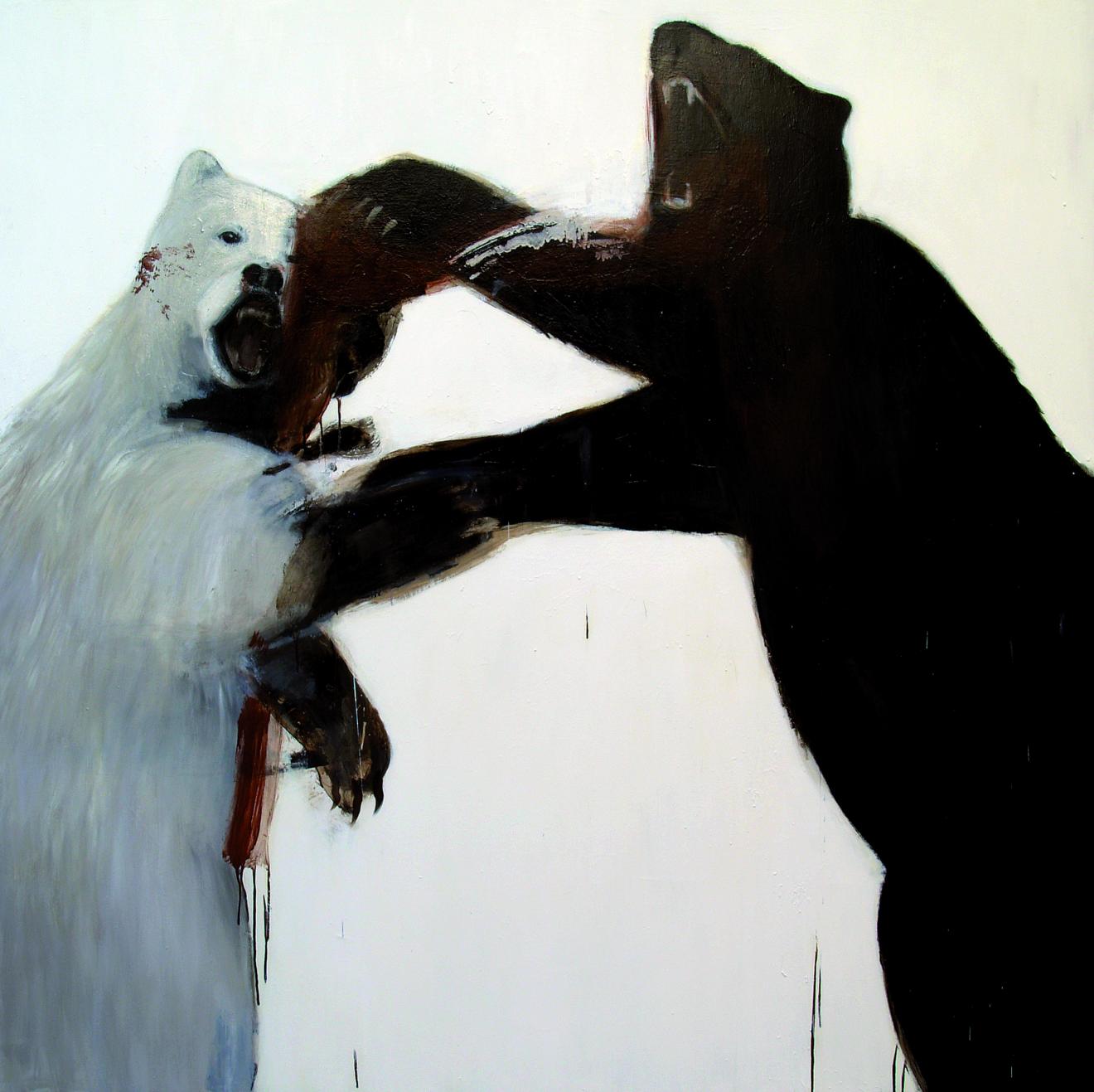 Dos osos, uno blanco y uno pardo, pelean apoyados sobre sus patas traseras