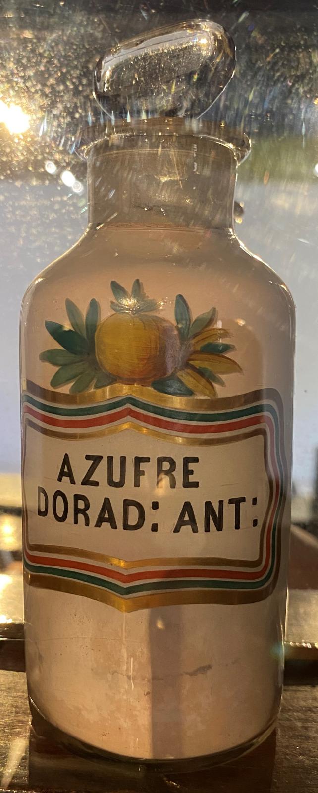 Frasco de vidrio pequeño de Azufre Dorad: Ant: