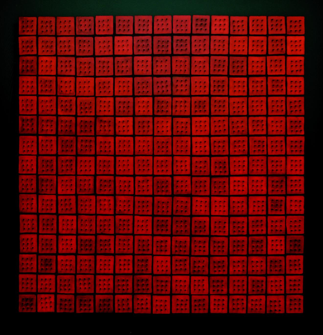 Pieza cuadrada. Fondo negro al que se superpone una retícula de piezas rojas cuadradas con tres hileras de tres piezas punzantes